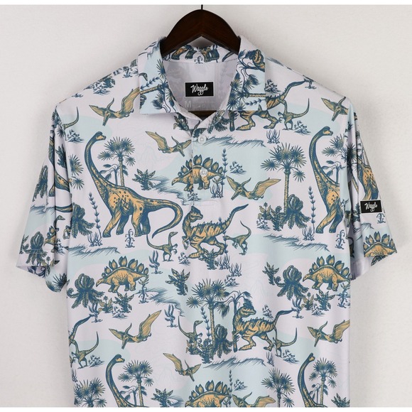 Waggle Golf Polo Shirt Dinosaur Print Mens Medium White Orange Green Performance - Picture 2 of 9